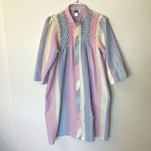 Vintage Metropolitan Rainbow Striped Seersucker Smocked House Coat - S